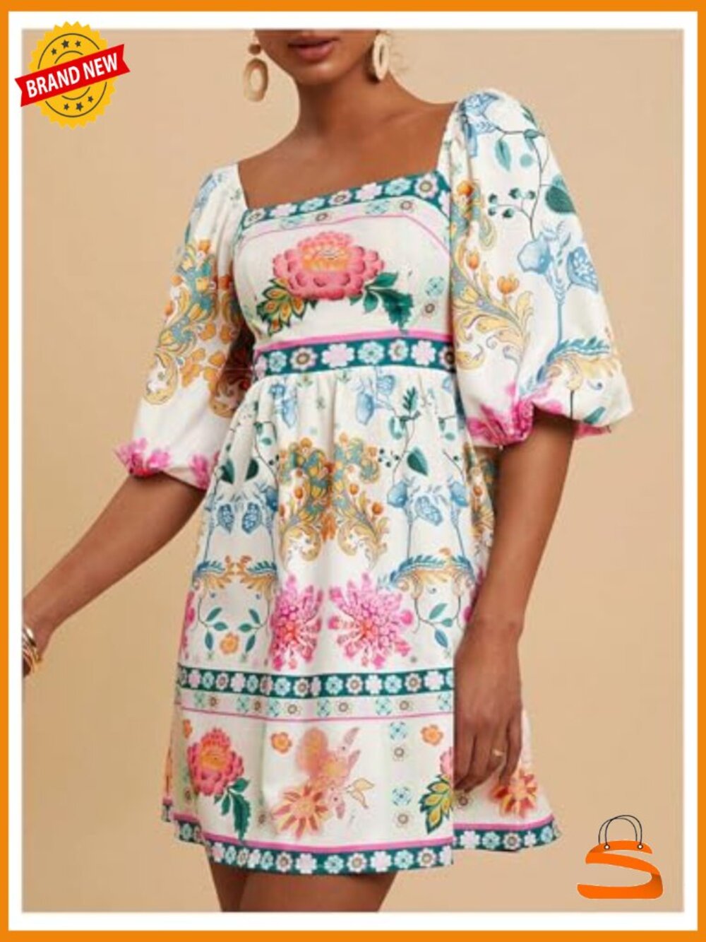 Floral Print Square Neck Puff Sleeve A-Line Swing Dress 3/4 Length - Picture 4 of 5